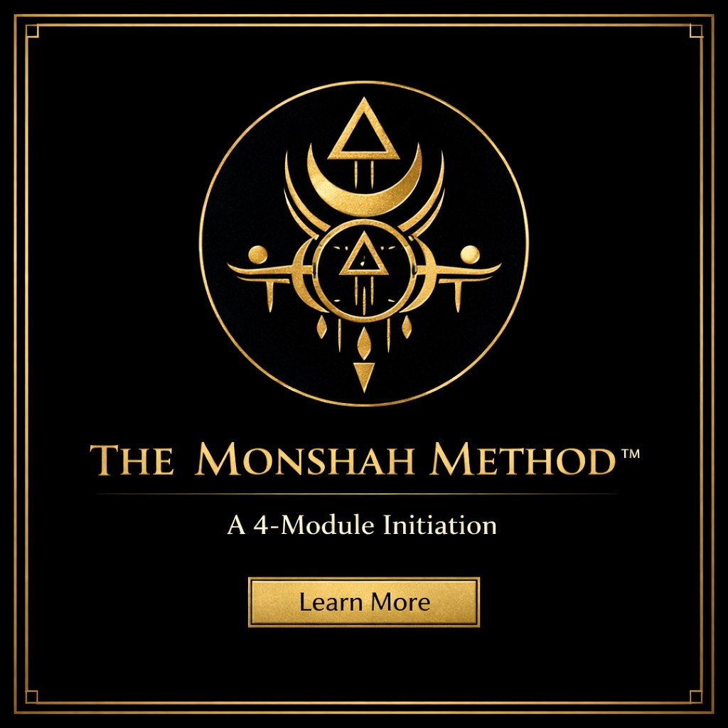 Gold emblem on black background with the title 'The Monshah Method', subtitle 'A 4-Module Initiation', and a gold 'Learn More' button.